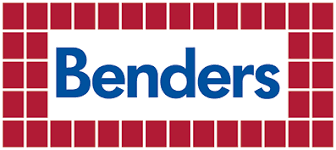 Bilden visar ordet "Benders" i blå text centrerat inom en röd och vit rektangulär kakelmönstrad ram.