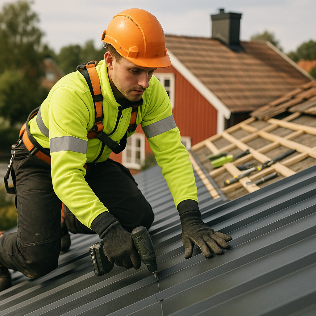 Arbetare i fluorescerande skyddskläder och hjälm fäster takplåt på tak med skruvdragare, med verktyg i bakgrunden.