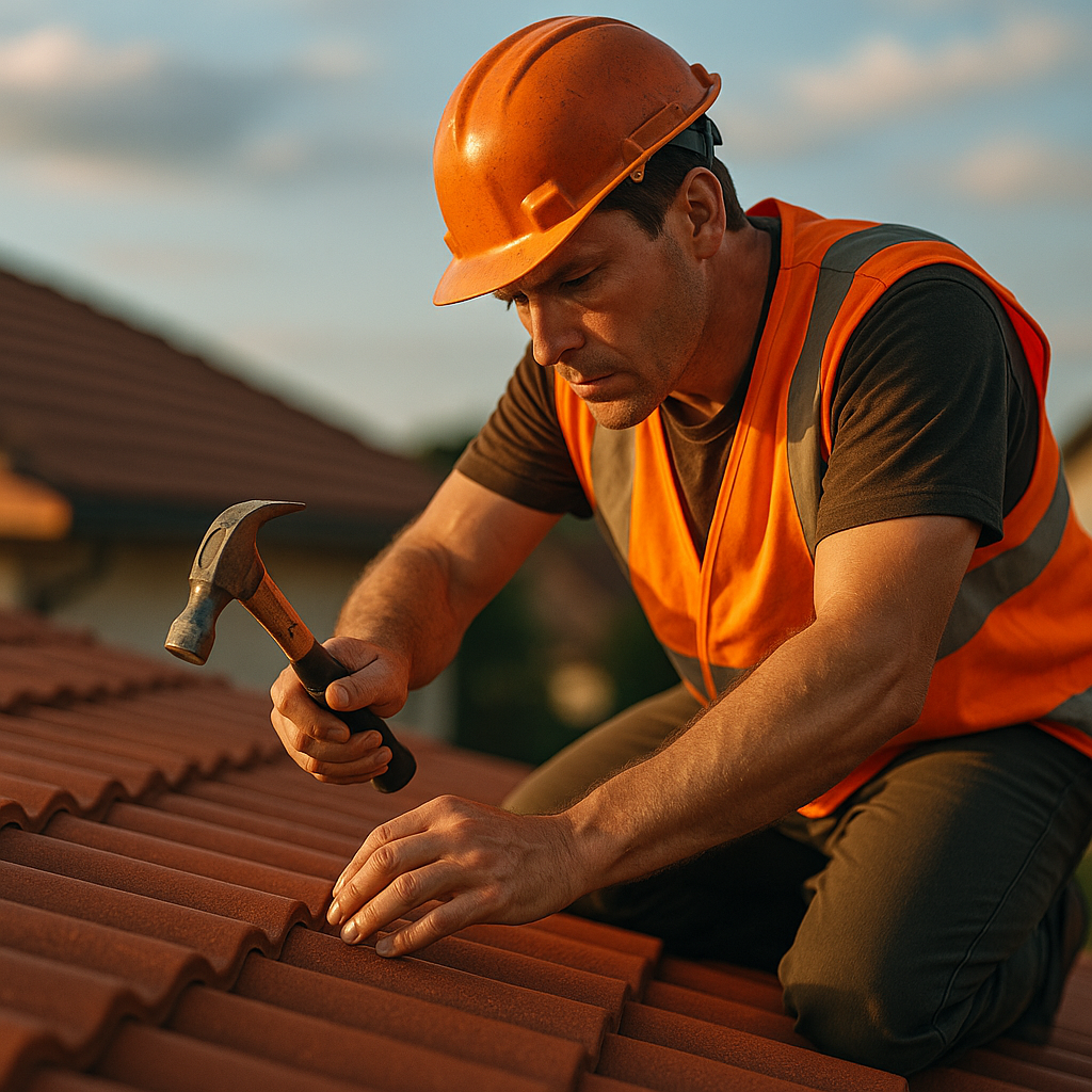 Byggarbetare med orange hjälm och väst hamrar på takpannor under solnedgång.