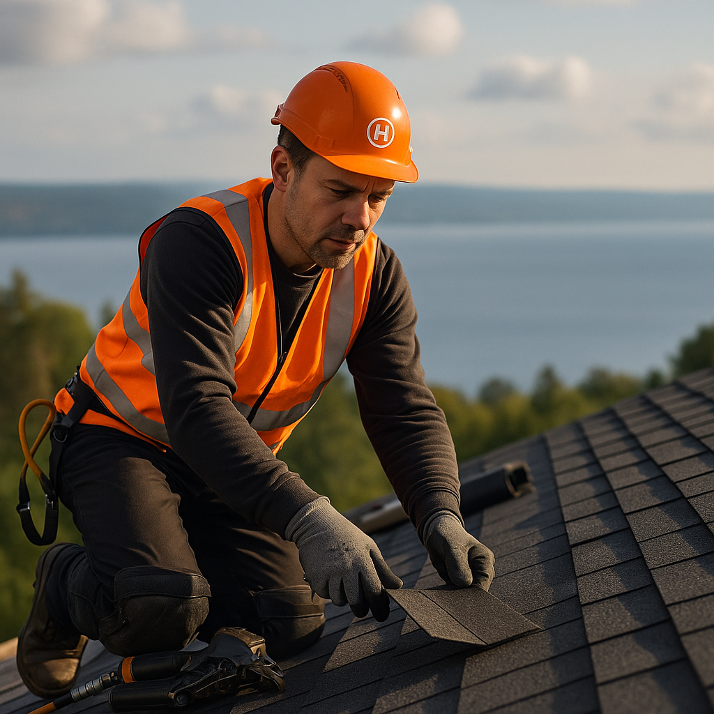 En byggarbetare i orange hjälm och reflexväst installerar takplattor på ett svart shingeltak med en sjö i bakgrunden.