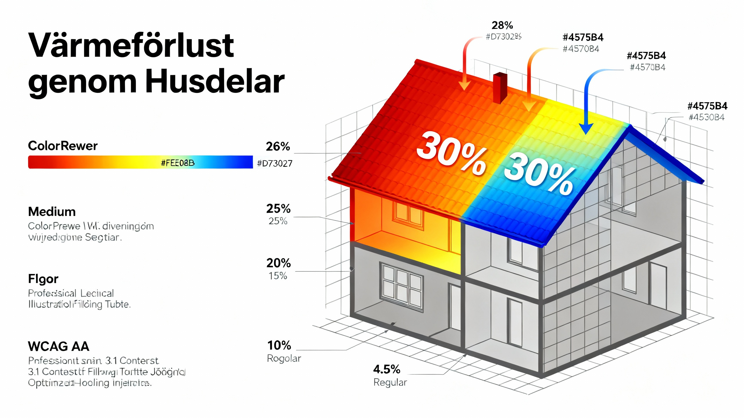 Diagram av värmeförlust genom olika delar av ett hus. Värmekarta visar 30% förlust genom taket, med färger från röd till blå. Ytterligare procentandelar för olika delar som väggar och golv anges. Inkluderar färgkodsskala och textbeskrivningar.
