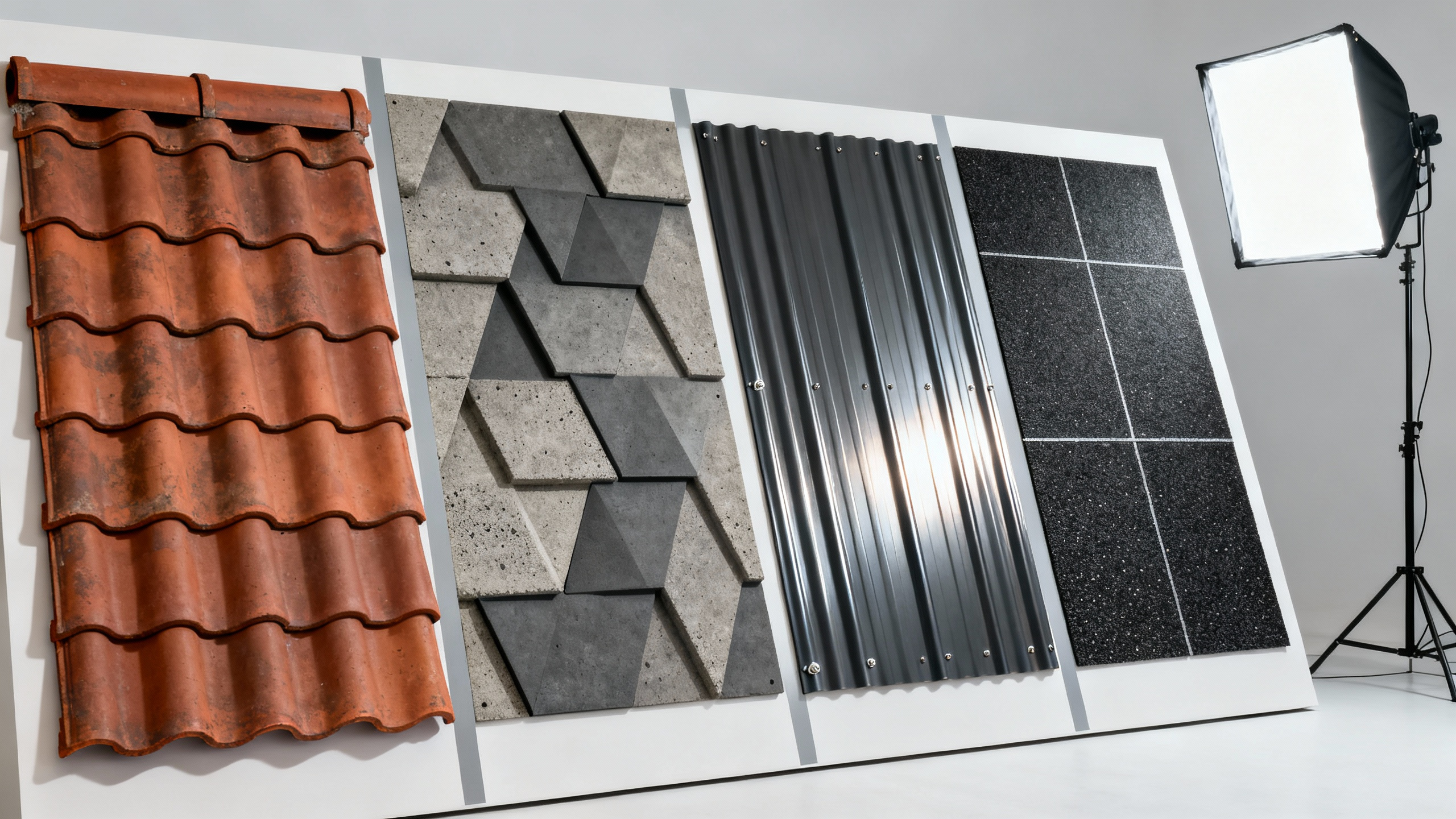 Fyra olika takmaterial visas: röd tegelpanna, grått geometriskt mönster, grå vågformad plåt och svart texturerad yta, belysta av en studiobelysning.
