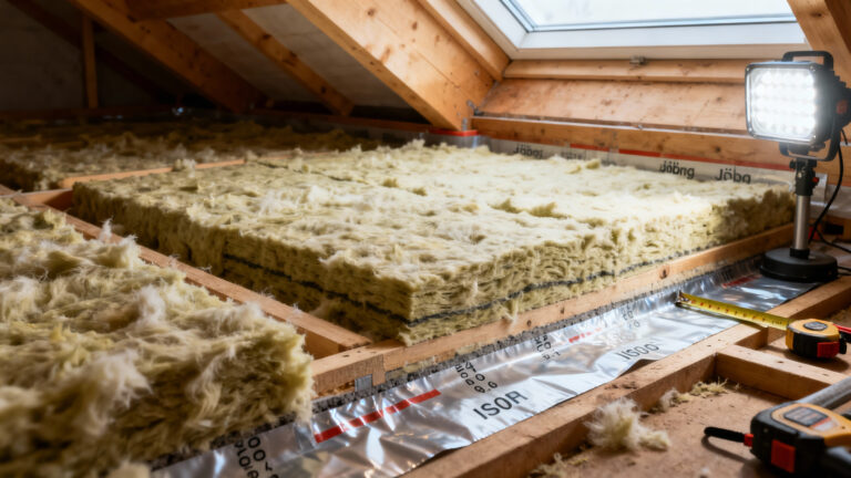 Isoleringsmaterial monteras i en vind med trästomme, under ett snedtak med takfönster. En arbetslampa lyser upp området.