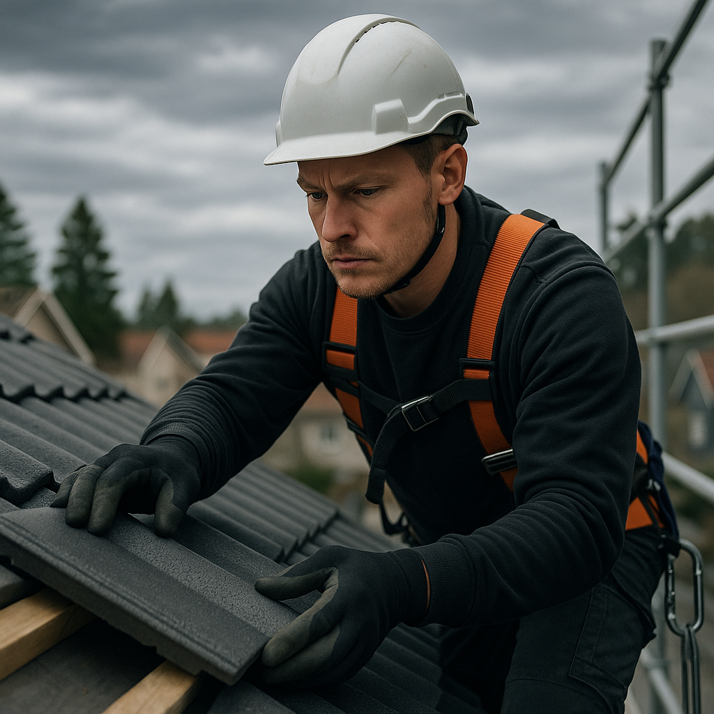 En man i skyddshjälm och handskar installerar takplattor på ett tak, med en fokuserad blick och grå himmel i bakgrunden.