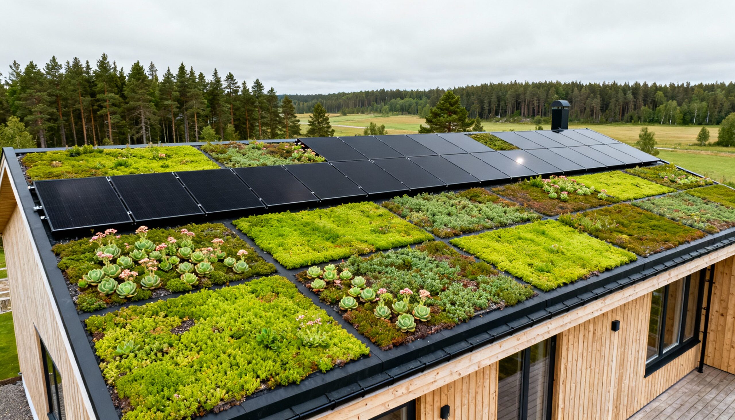Tak med solpaneler och grön takbeklädnad av olika växter på ett trähus, omgiven av skog och ängar i bakgrunden.