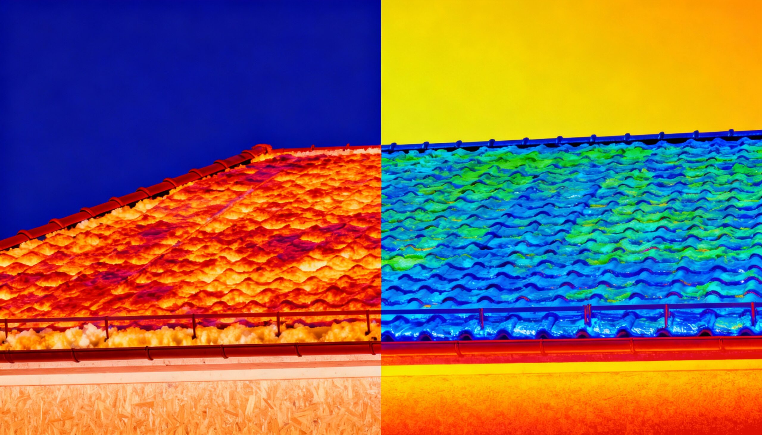 Termisk bild av ett tak med olika temperaturer; vänster sida visar varmare områden i rött och orange, medan höger sida visar svalare områden i blått och grönt.