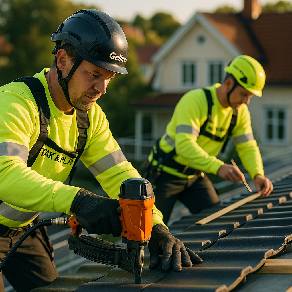 Två arbetare i neongula skyddskläder och hjälmar arbetar på ett tak med verktyg, där en använder en spikpistol. Ett hus syns i bakgrunden.