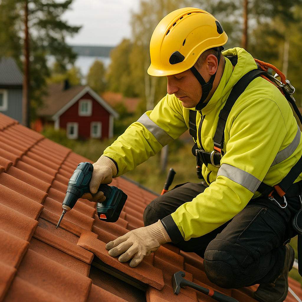 En arbetare i skyddsutrustning fäster takpannor med en borrmaskin på ett tak; i bakgrunden syns landsbygdshus och skog.