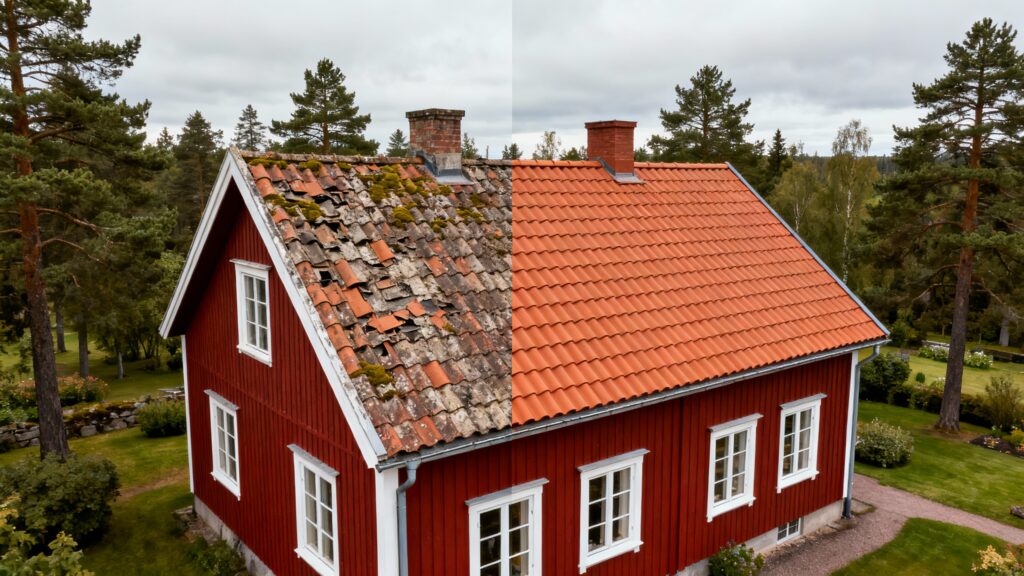 Ett rött hus med vita fönster, delat i två delar. Den vänstra halvan visar ett gammalt tak med trasiga och mossbelagda takpannor, medan den högra halvan visar ett nylagt tak med nya, oranga takpannor. I bakgrunden finns en grönskande skog.
