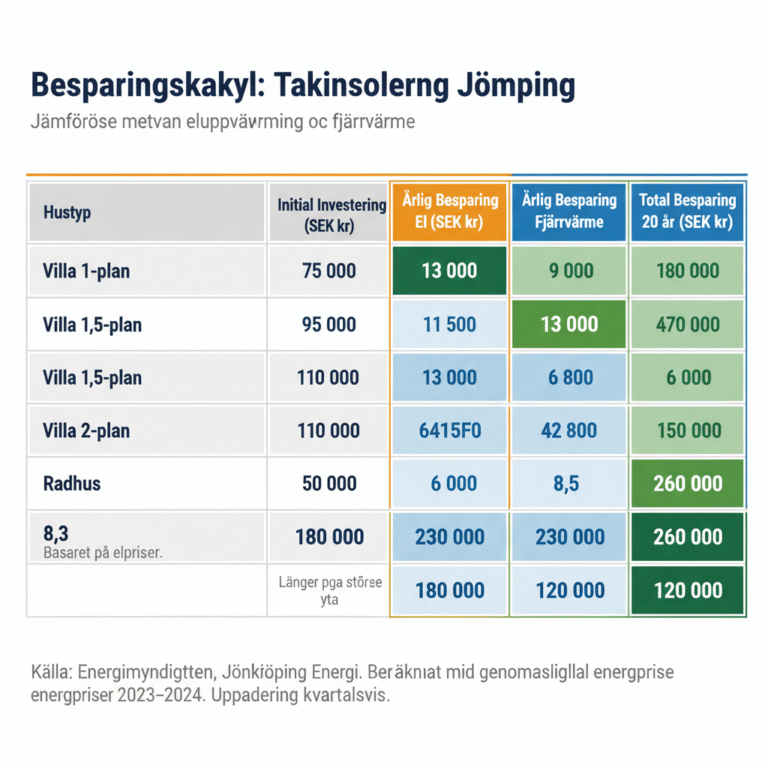 Tabell med jämförelse av takisolering i olika hustyper i Jönköping, visar initial investering, årlig besparing för el och fjärrvärme, samt total besparing över 20 år. Hustyper inkluderar Villa 1-plan, Villa 1,5-plan, Villa 2-plan och Radhus.