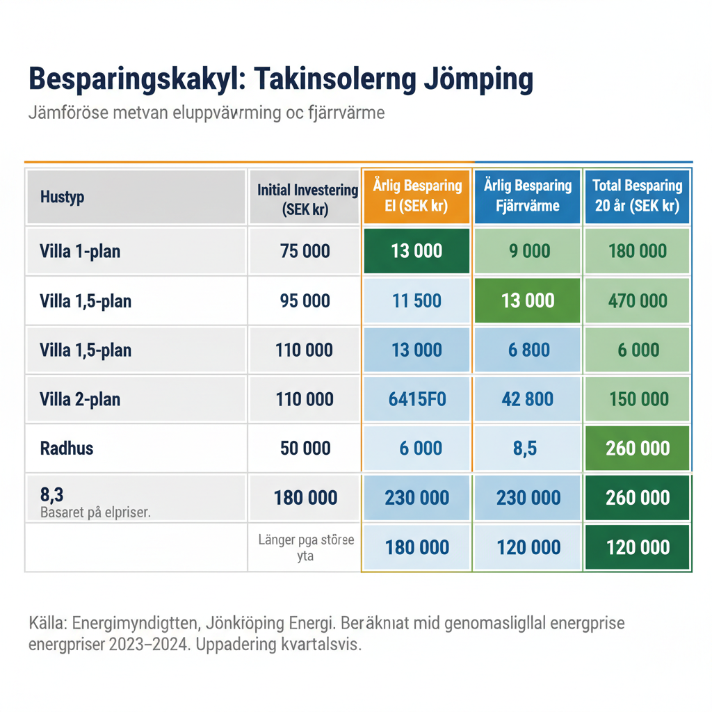 Tabell med jämförelse av takisolering i olika hustyper i Jönköping, visar initial investering, årlig besparing för el och fjärrvärme, samt total besparing över 20 år. Hustyper inkluderar Villa 1-plan, Villa 1,5-plan, Villa 2-plan och Radhus.