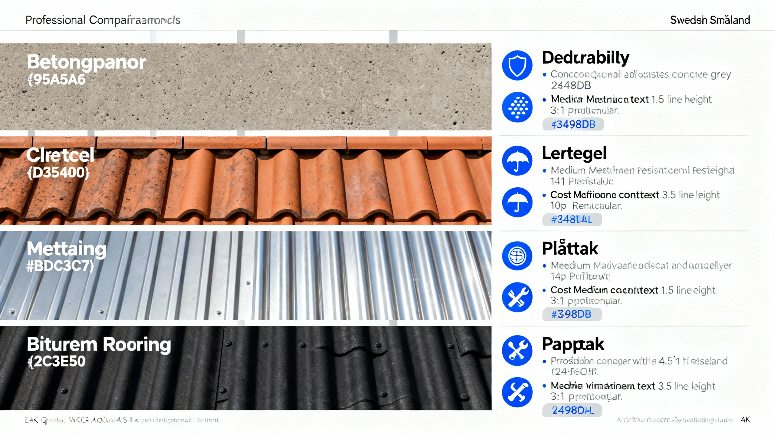 En bild som visar en jämförelse av takmaterial med fyra olika alternativ: betongpannor, lertegel, plåttak och bitumen. Varje material har en bild och text med färgkod och specifikationer som hållbarhet och kostnad.