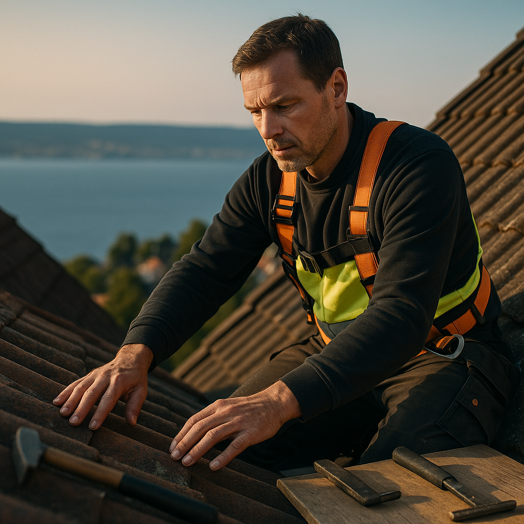 En man i säkerhetssele arbetar koncentrerat på ett tak med tegelpannor, verktyg som hammare och skyddsglasögon bredvid honom och en utsikt över ett vatten i bakgrunden.