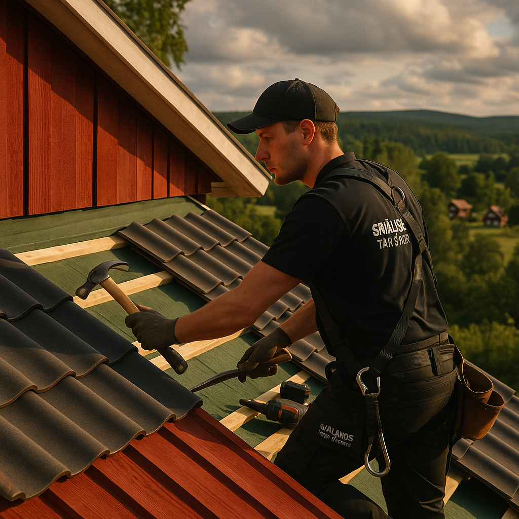 En man i arbetskläder arbetar med att lägga takpannor på ett rött träfärgat hus, omgivet av grönska och skog.