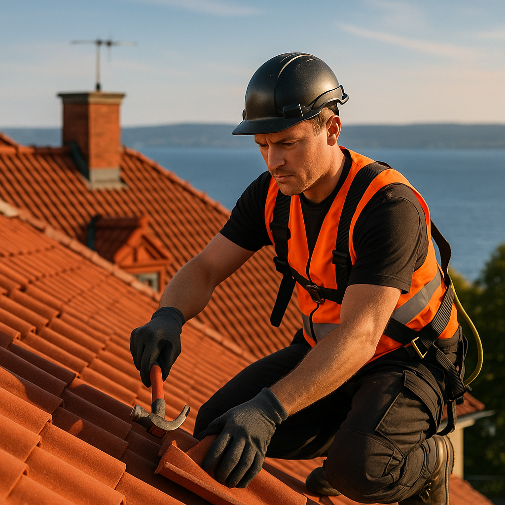 En man i skyddsutrustning och orange reflexväst reparerar takpannor på ett tegeltak med en hammare, med havet i bakgrunden.