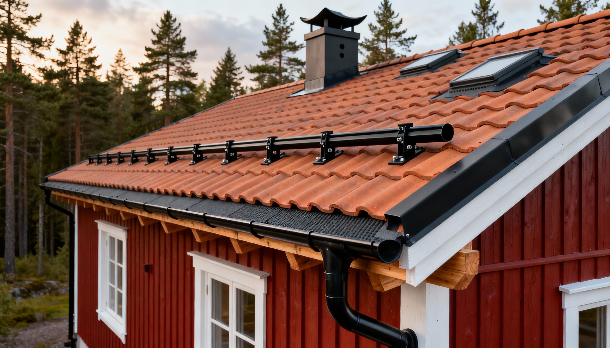 Tak på rött trädhus med rött tegeltak, svarta takräcken, skorsten och stuprännor, omgiven av träd.