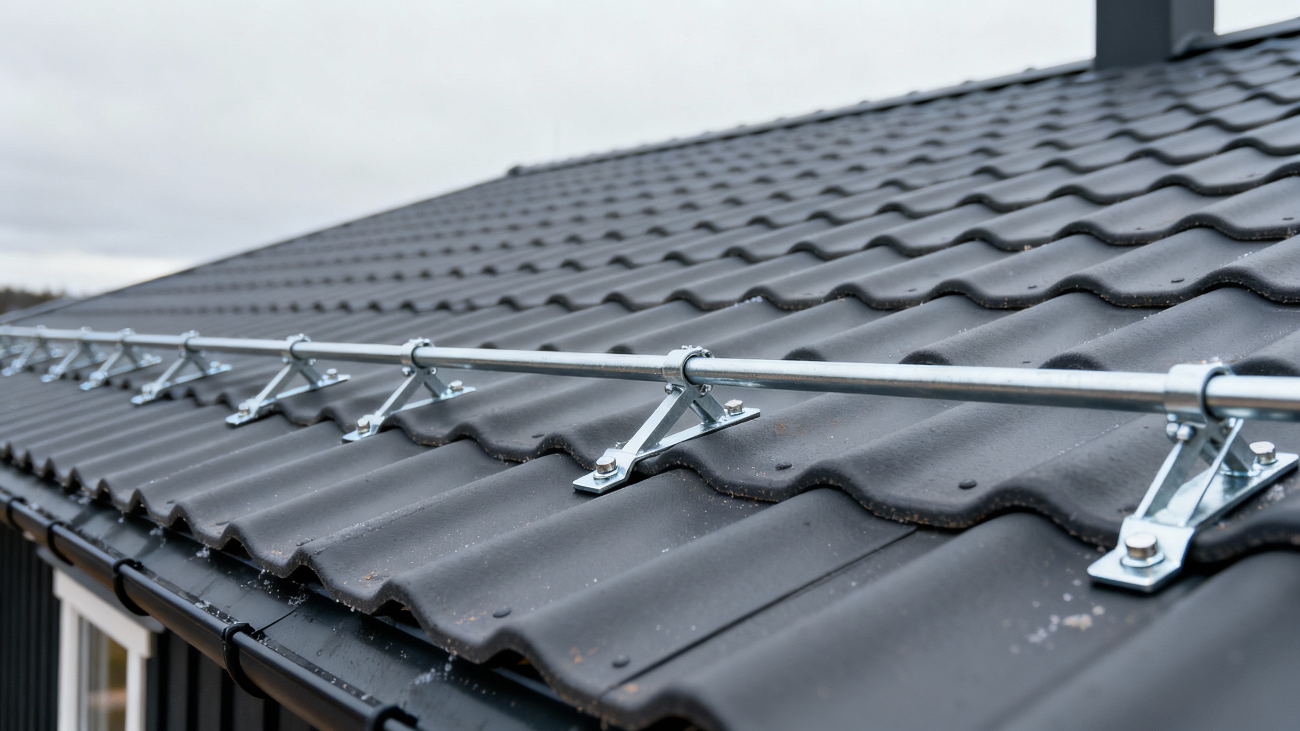 Tak med mörkgrå takplattor och monterad snörasskydd.