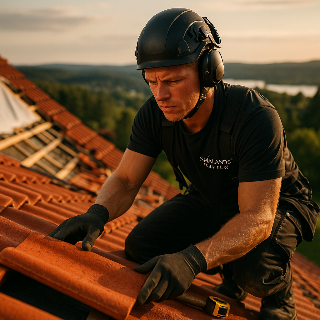 En person i arbetshjälm och handskar arbetar med takläggning, placerar tegelpannor på ett tak vid solnedgången.