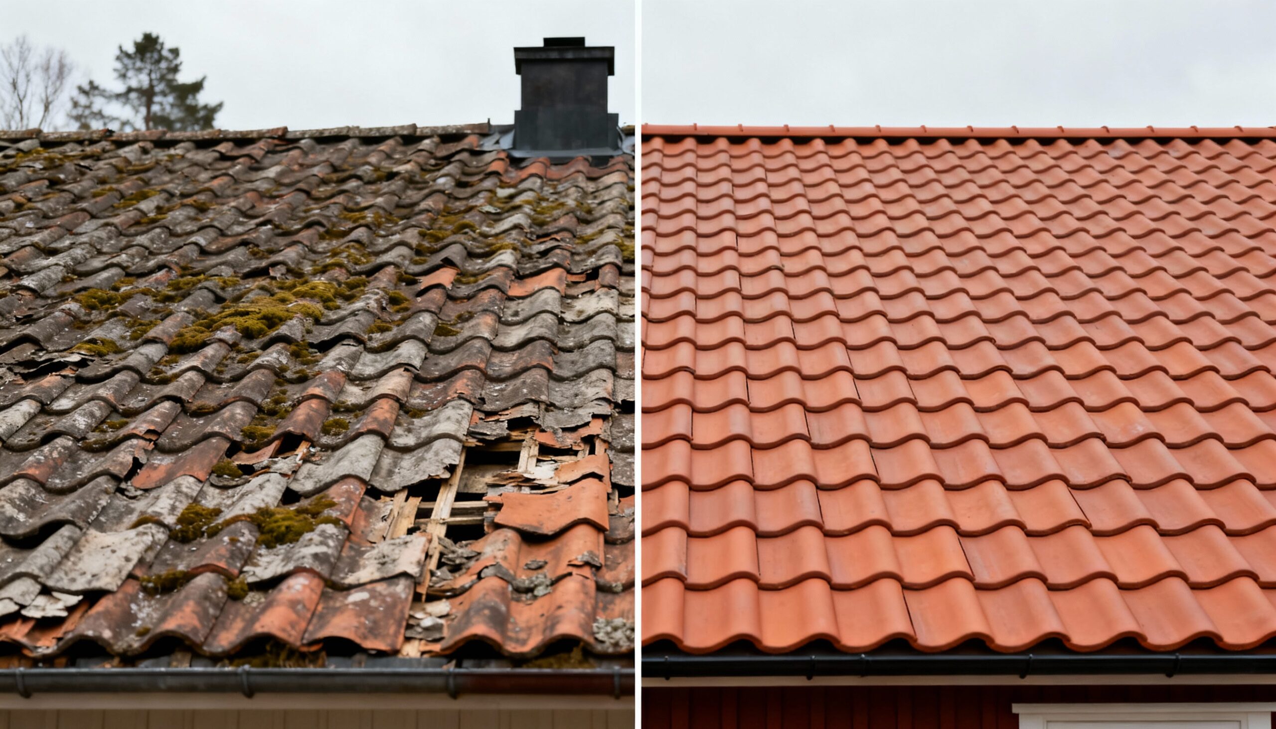 Före och efter jämförelse av ett tak. Vänster sida visar ett gammalt, skadat tak med mossbeläggning och trasiga takpannor. Höger sida visar ett nylagt, rött tegeltak i perfekt skick.