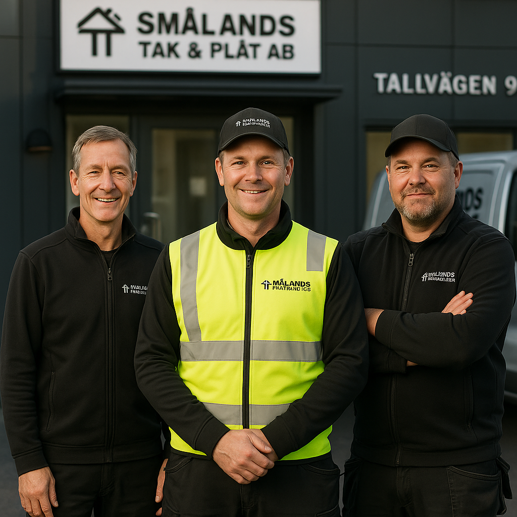 Trio män framför en byggnad med en skylt som säger "Smålands Tak & Plåt AB", klädda i arbetskläder med företagslogotyp.
