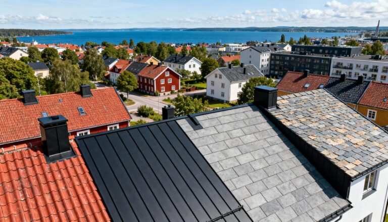 Utsikt över ett bostadsområde med färgglada villor och hus, gröna träd och en sjö i bakgrunden under en klar himmel.