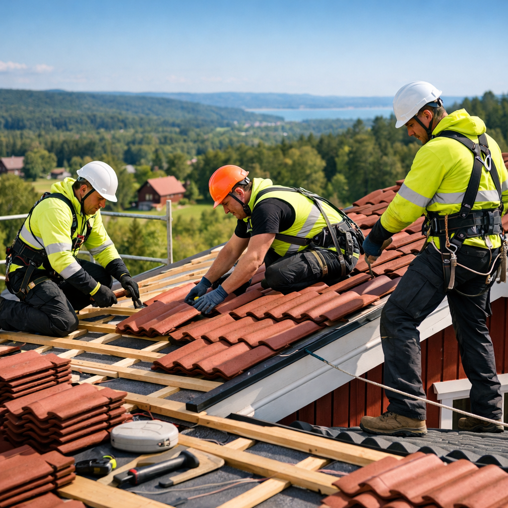 Arbetare i skyddsutrustning installerar takpannor på ett hus med utsikt över ett landskap av skog och en sjö i bakgrunden.
