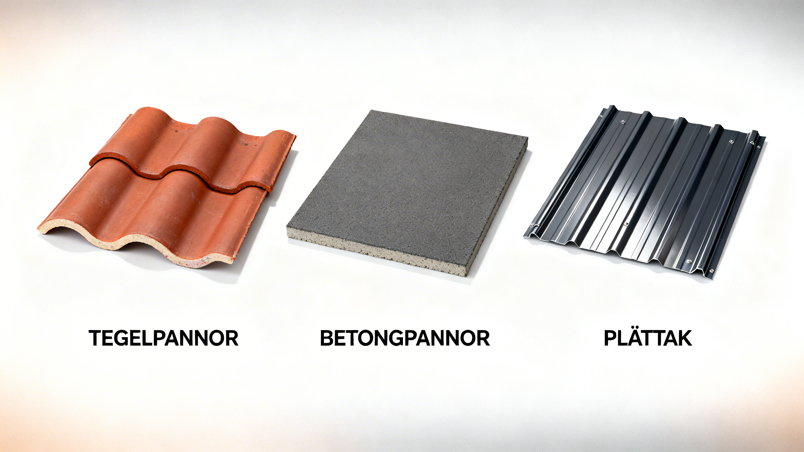 Brun, vågformad tegelpanna till vänster, grå betongplatta i mitten, och svart, vågformad plåttak till höger.