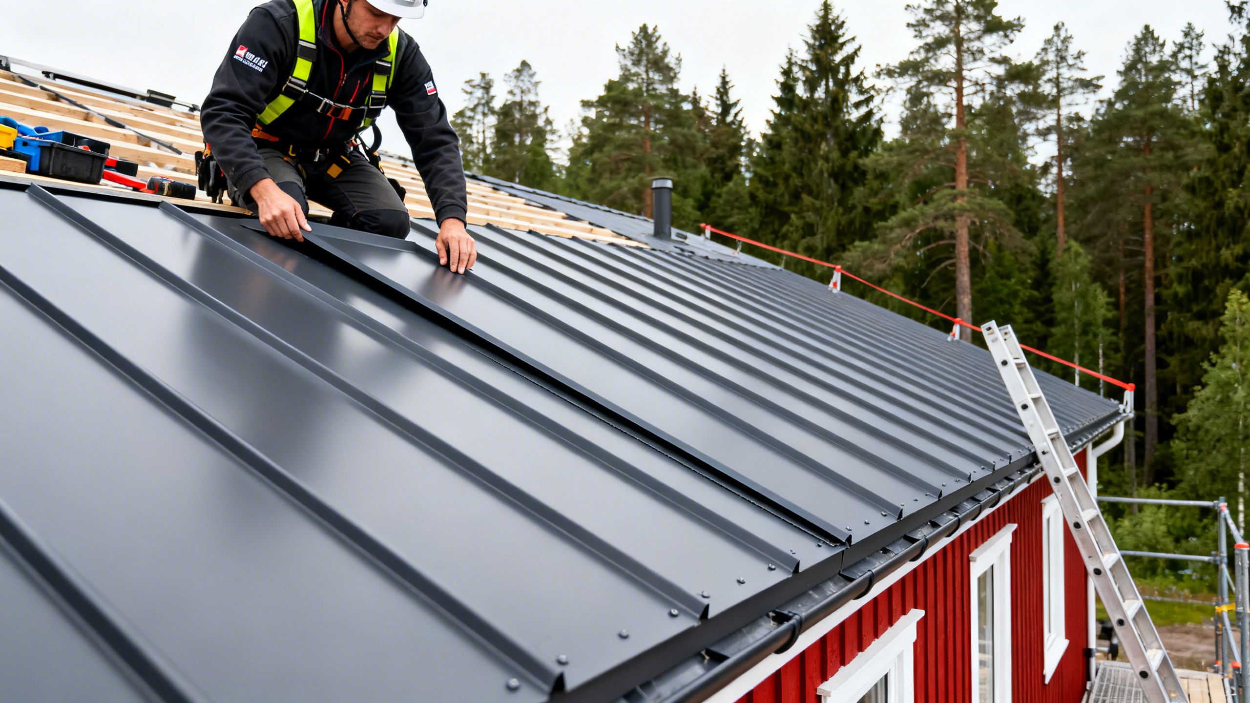Byggarbetare installerar svarta metallpaneler på ett tak på en röd träbyggnad i en skogsmiljö.