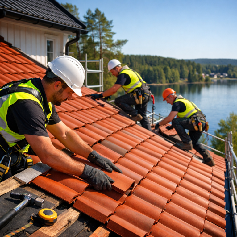 Byggarbetare med hjälmar och säkerhetsvästar lägger takpannor på ett rött tak med utsikt över en sjö och skog i bakgrunden.