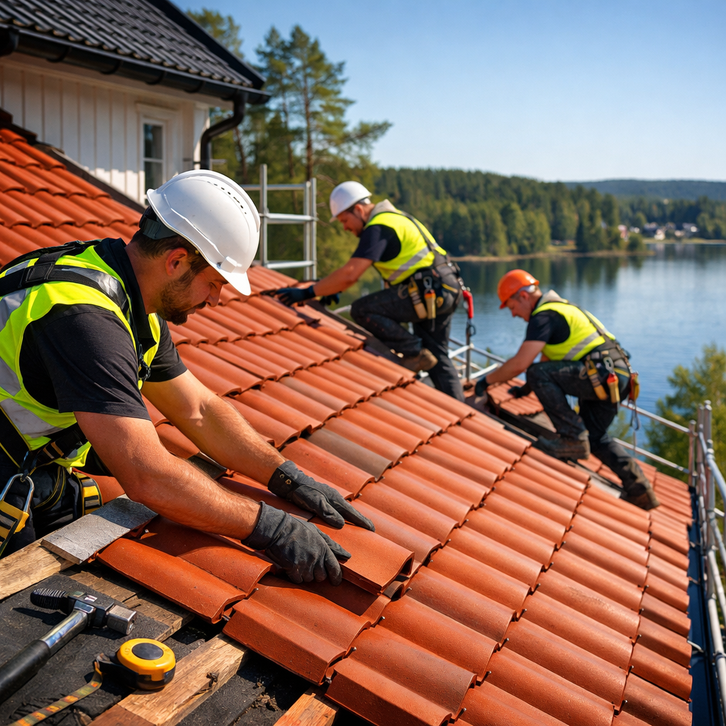 Byggarbetare med hjälmar och säkerhetsvästar lägger takpannor på ett rött tak med utsikt över en sjö och skog i bakgrunden.