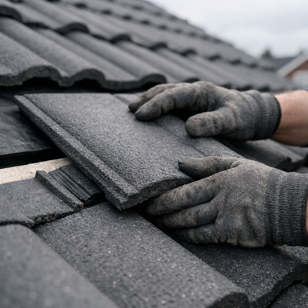 En hantverkare med handskar installerar svarta takpannor på ett tak.