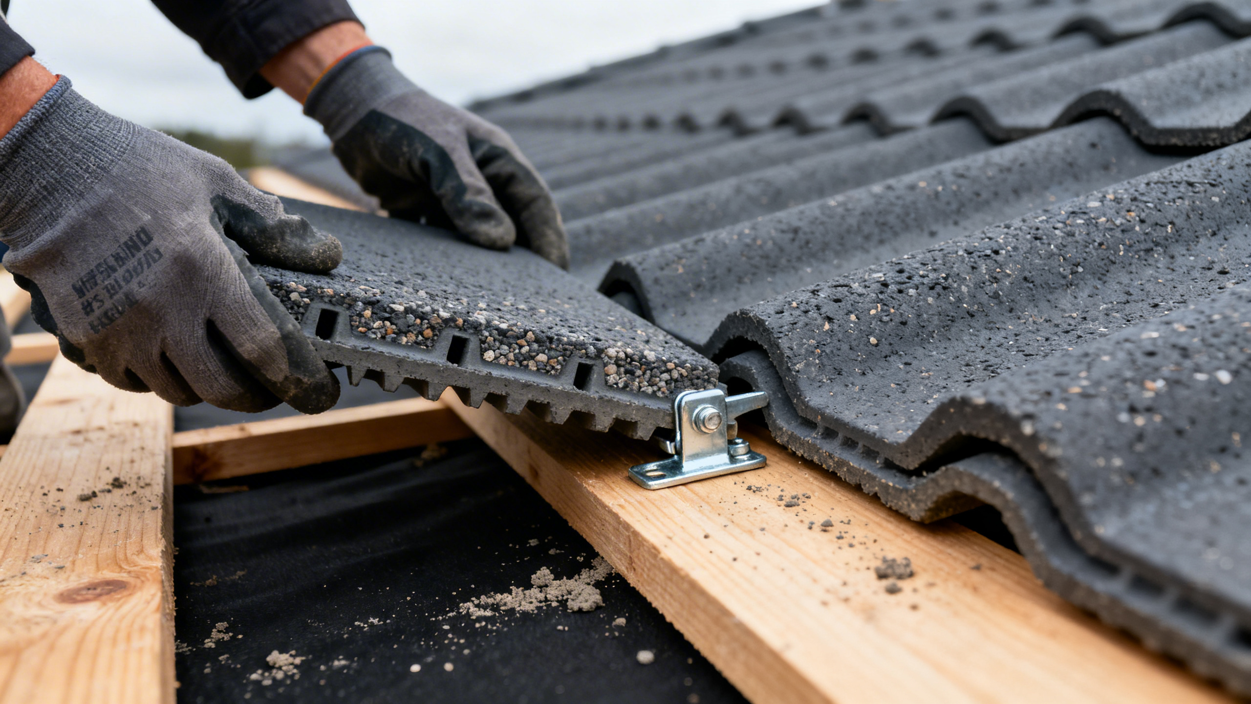 En person installerar grå takpannor på ett tak, med hjälp av verktyg och handskar, på en trästruktur.