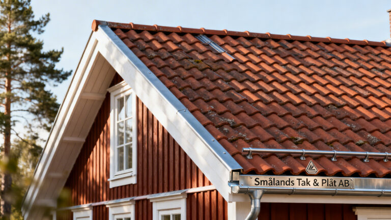 Rött hus med vita knutar och rött tegeltak, omgiven av skog. Skylten "Smålands Tak & Plåt AB" syns på takrännorna.
