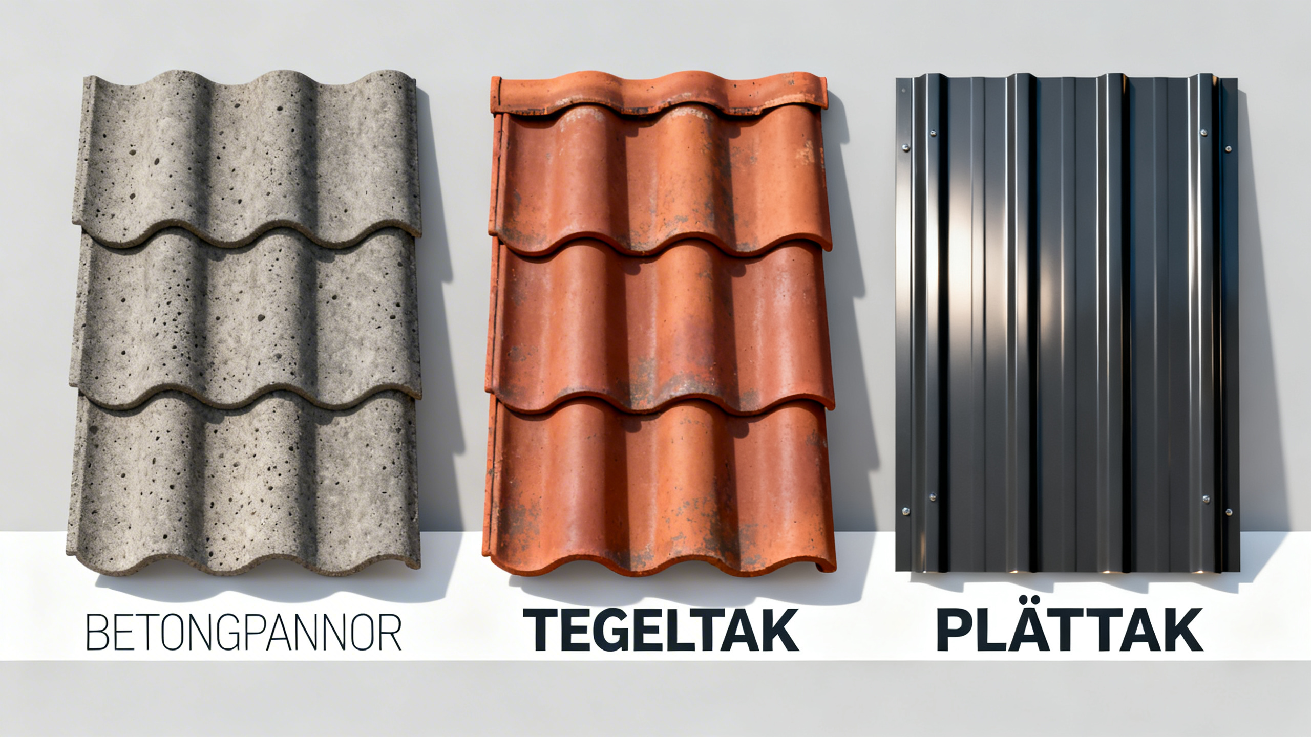 Bild som visar tre olika takmaterial: betongpannor till vänster, tegeltak i mitten och plåttak till höger, vardera med en text under sig.