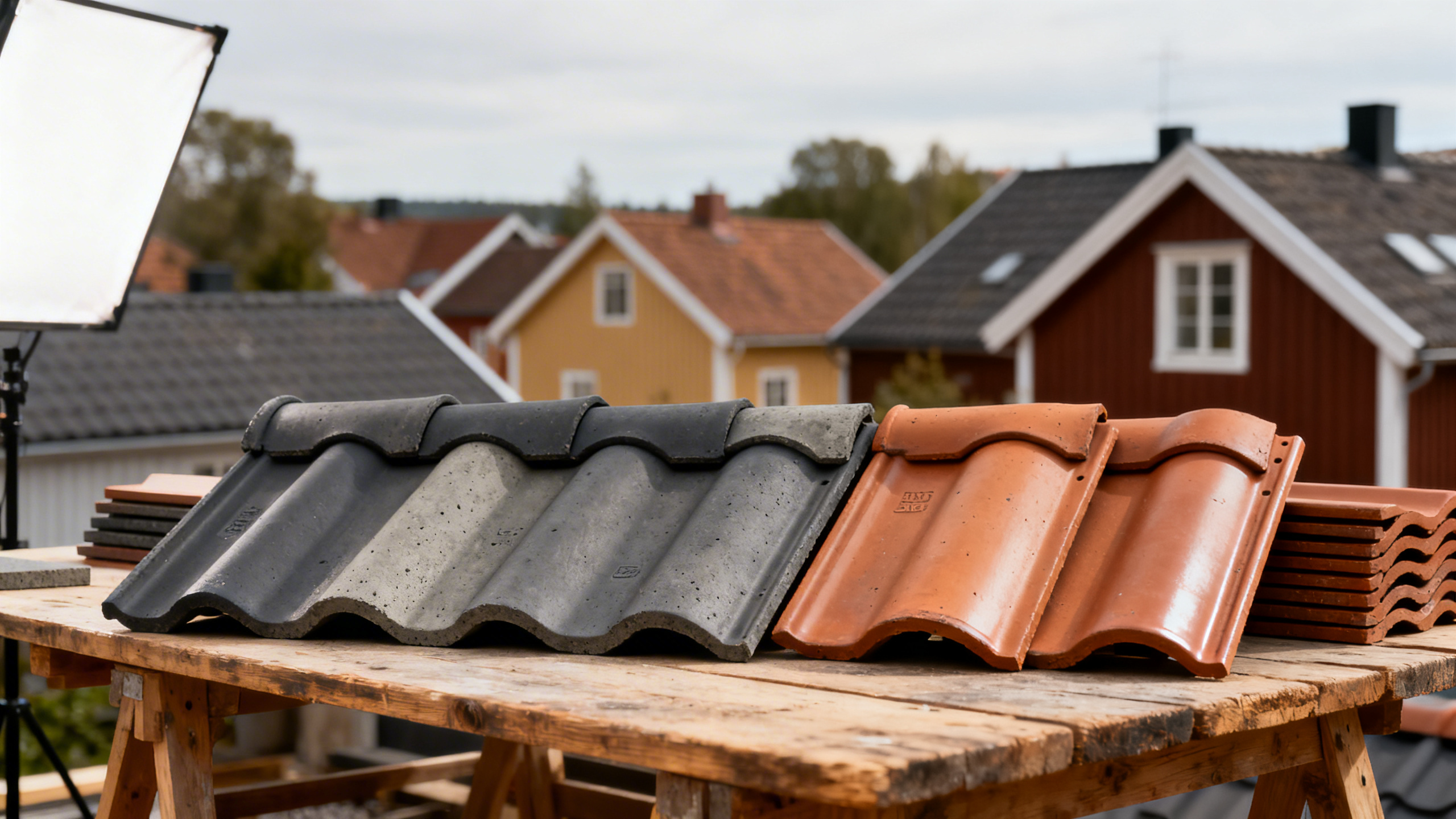 Takpannor i olika färger placerade på ett träbord utomhus, med hus i bakgrunden.