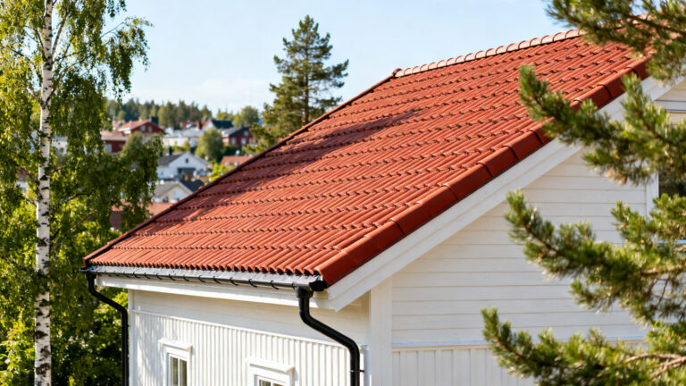 Tegelrött tak på ett vitt hus omgivet av träd och en bakgrund av en liten stad med skog.