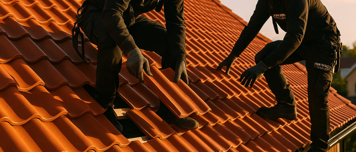 Två arbetare installerar röd takpanna på ett hus under solnedgången.