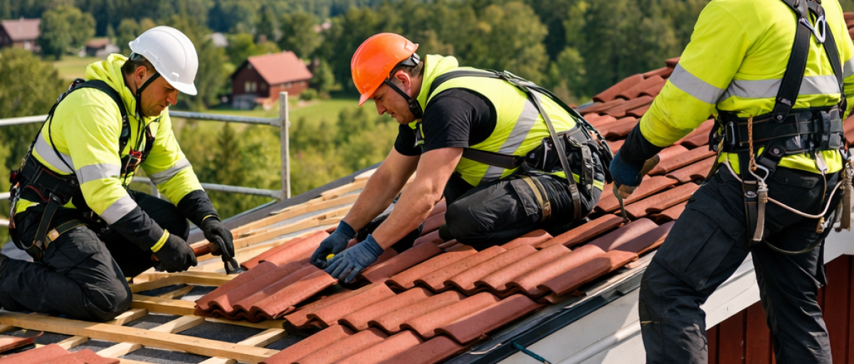 Arbetare i skyddsutrustning installerar takpannor på ett hus med utsikt över ett landskap av skog och en sjö i bakgrunden.