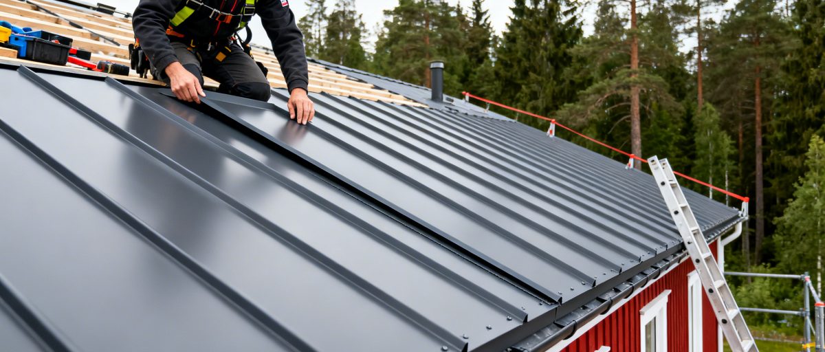 Byggarbetare installerar svarta metallpaneler på ett tak på en röd träbyggnad i en skogsmiljö.