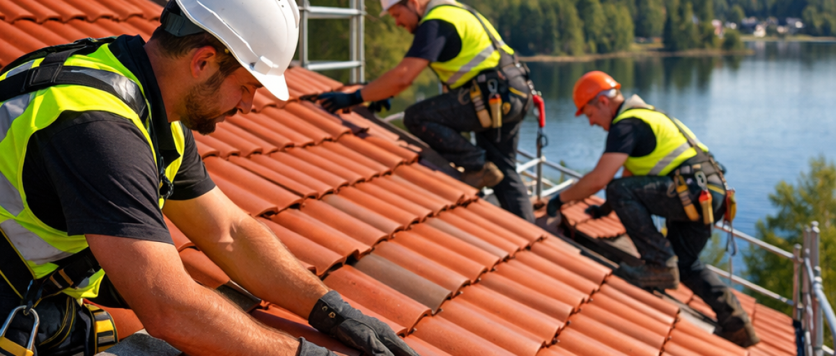 Byggarbetare med hjälmar och säkerhetsvästar lägger takpannor på ett rött tak med utsikt över en sjö och skog i bakgrunden.