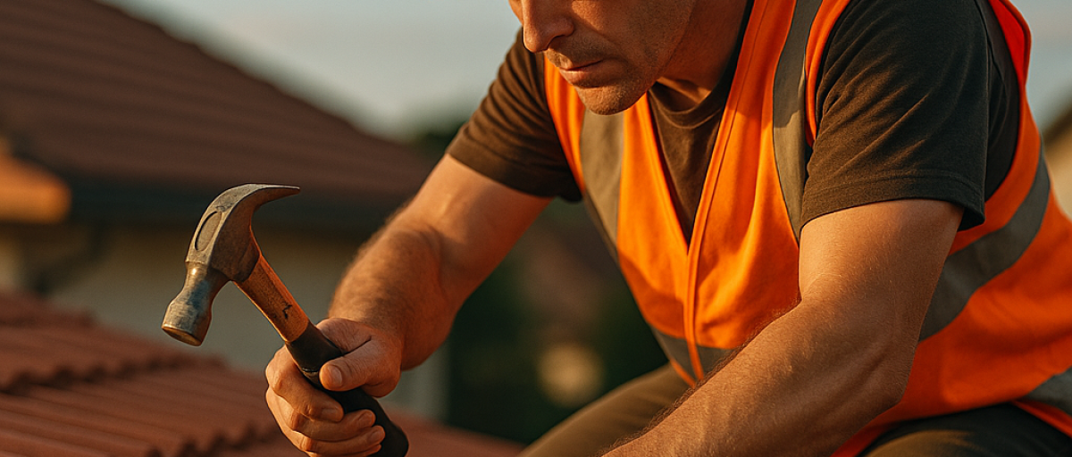 Byggarbetare med orange hjälm och väst hamrar på takpannor under solnedgång.