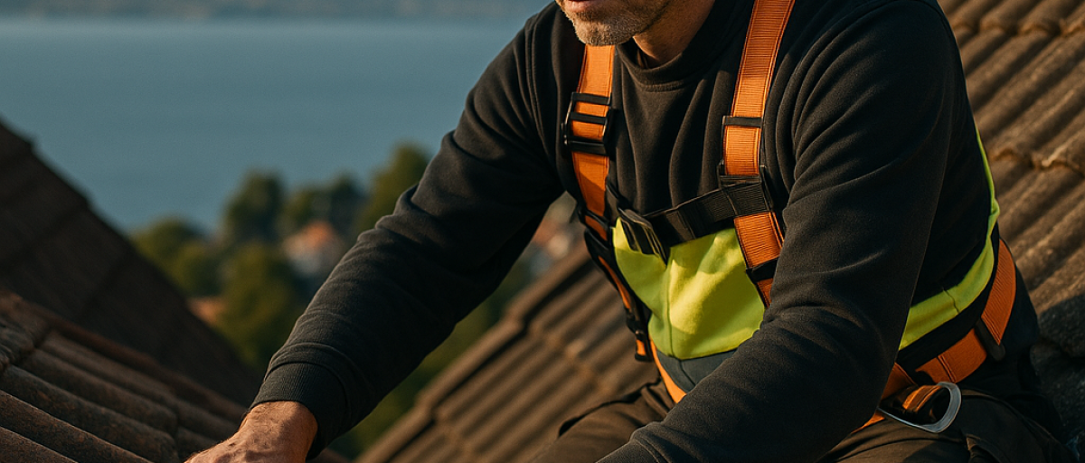 En man i säkerhetssele arbetar koncentrerat på ett tak med tegelpannor, verktyg som hammare och skyddsglasögon bredvid honom och en utsikt över ett vatten i bakgrunden.