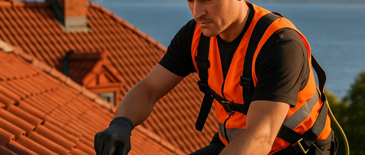 En man i skyddsutrustning och orange reflexväst reparerar takpannor på ett tegeltak med en hammare, med havet i bakgrunden.