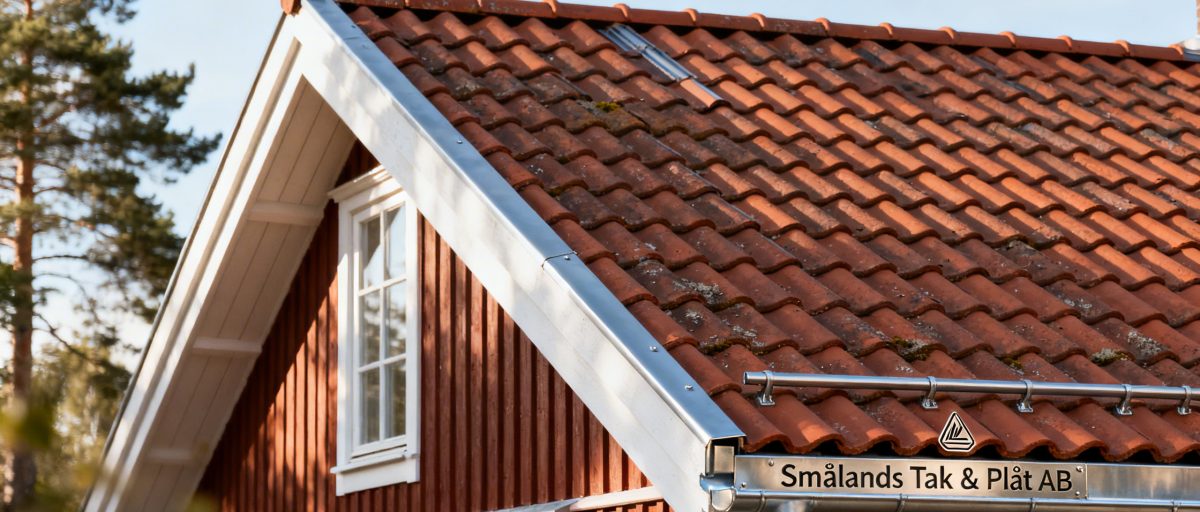 Rött hus med vita knutar och rött tegeltak, omgiven av skog. Skylten "Smålands Tak & Plåt AB" syns på takrännorna.
