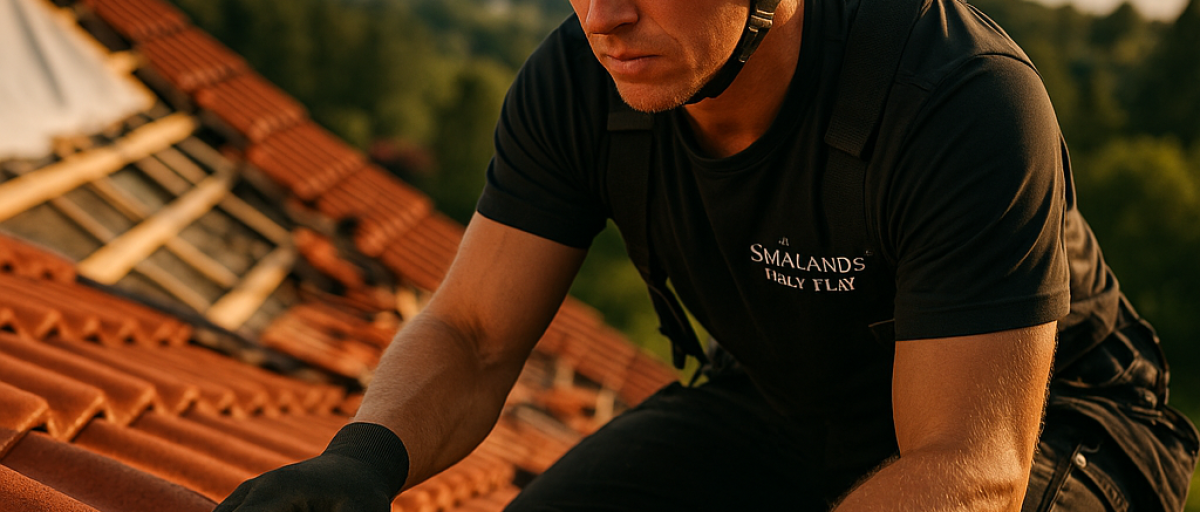 En person i arbetshjälm och handskar arbetar med takläggning, placerar tegelpannor på ett tak vid solnedgången.