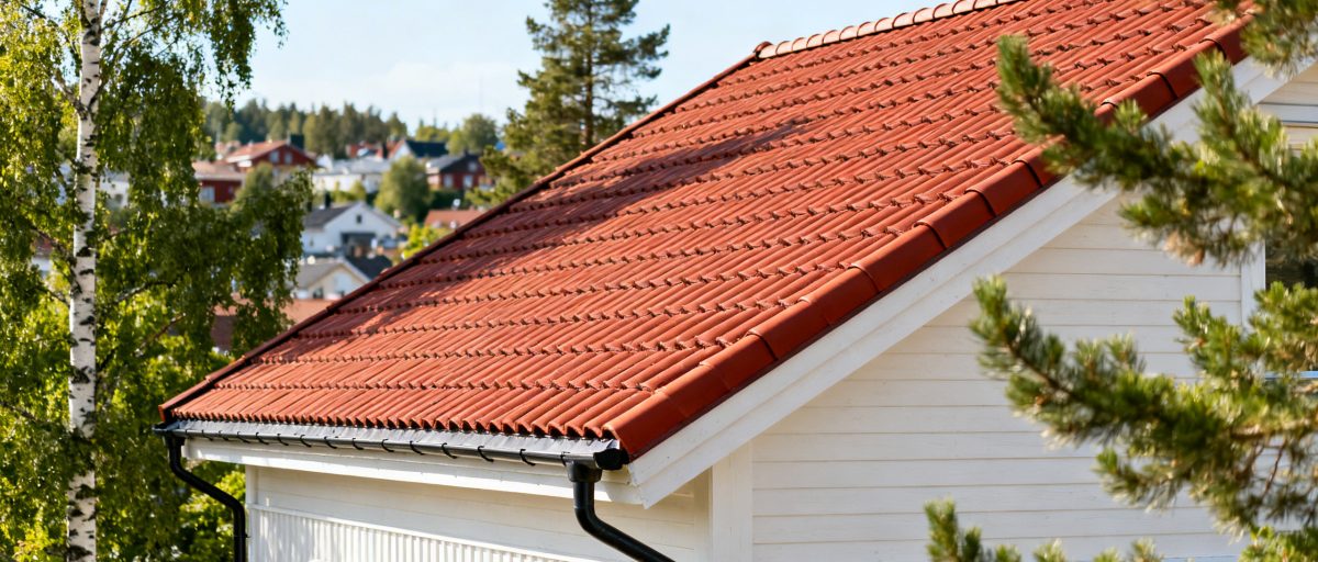 Tegelrött tak på ett vitt hus omgivet av träd och en bakgrund av en liten stad med skog.