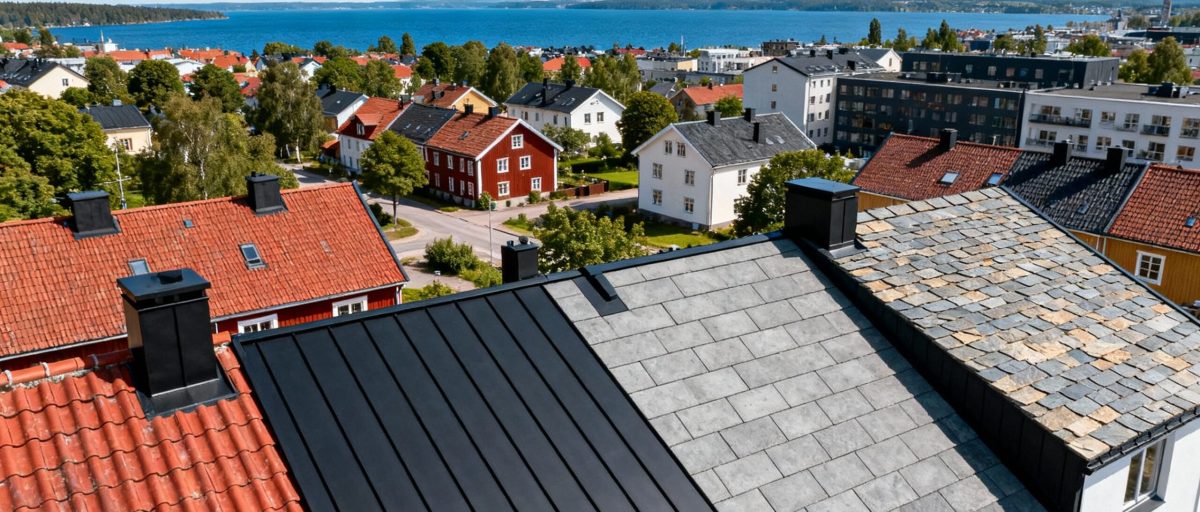 Utsikt över ett bostadsområde med färgglada villor och hus, gröna träd och en sjö i bakgrunden under en klar himmel.